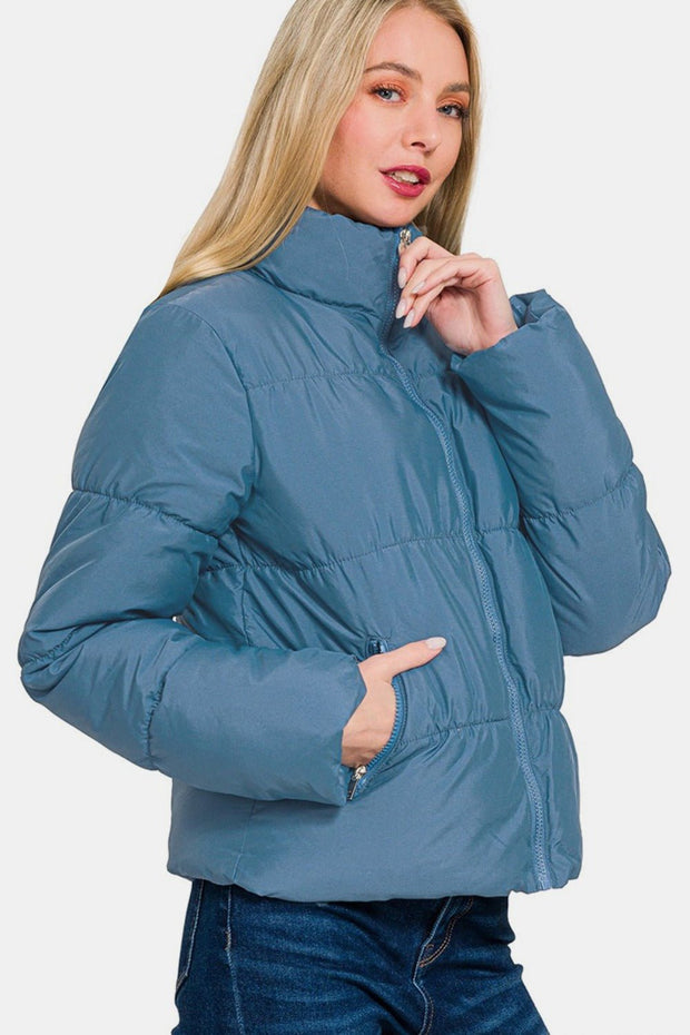 Zenana Zip Up Turtleneck Puffer Jacket with Pockets - Sp - rona.co.uk