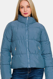 Zenana Zip Up Turtleneck Puffer Jacket with Pockets - Sp - rona.co.uk