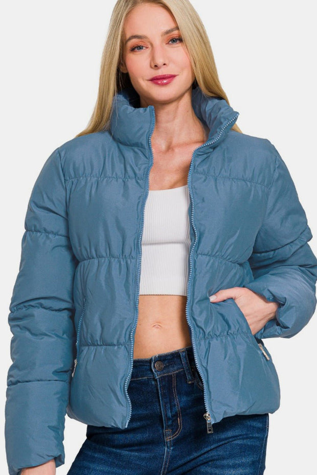 Zenana Zip Up Turtleneck Puffer Jacket with Pockets - Sp - rona.co.uk