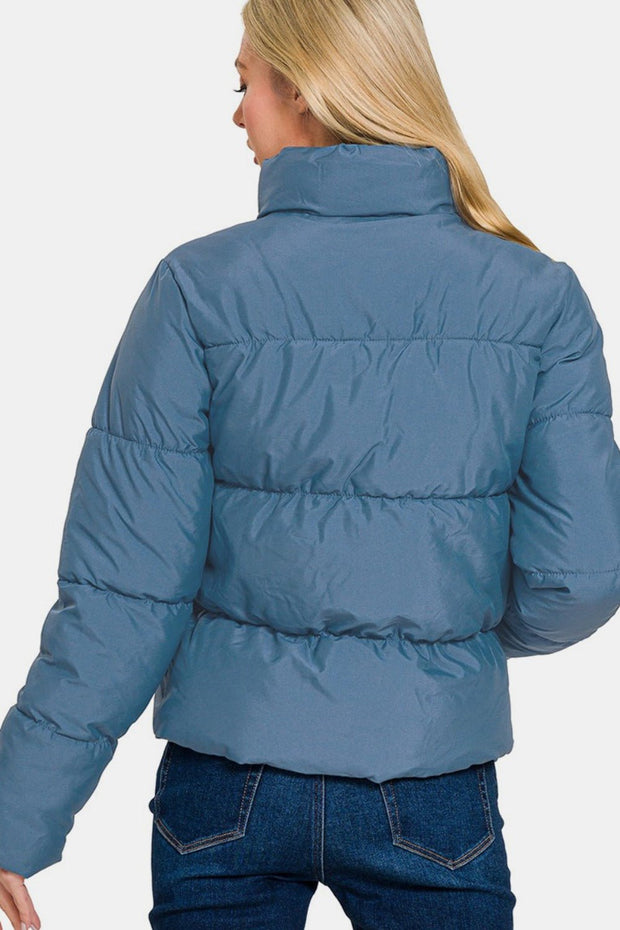 Zenana Zip Up Turtleneck Puffer Jacket with Pockets - Sp - rona.co.uk